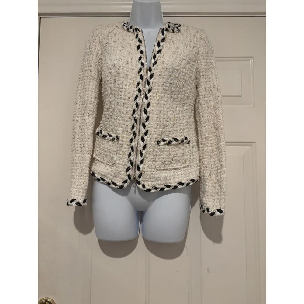 Women's sz 36 cream w/ black/gold piping stretch jacket sweater new w/o tags1121